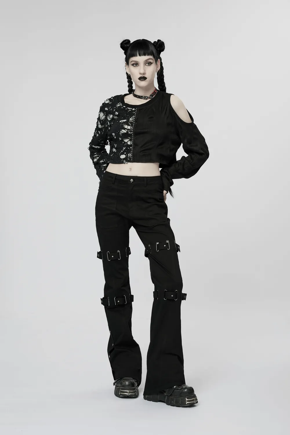 Edgy Punk Eyelet Pants - Micro Elastic, Flared Cut