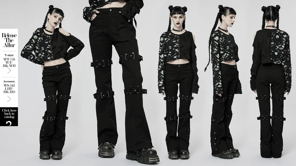 Edgy Punk Eyelet Pants - Micro Elastic, Flared Cut