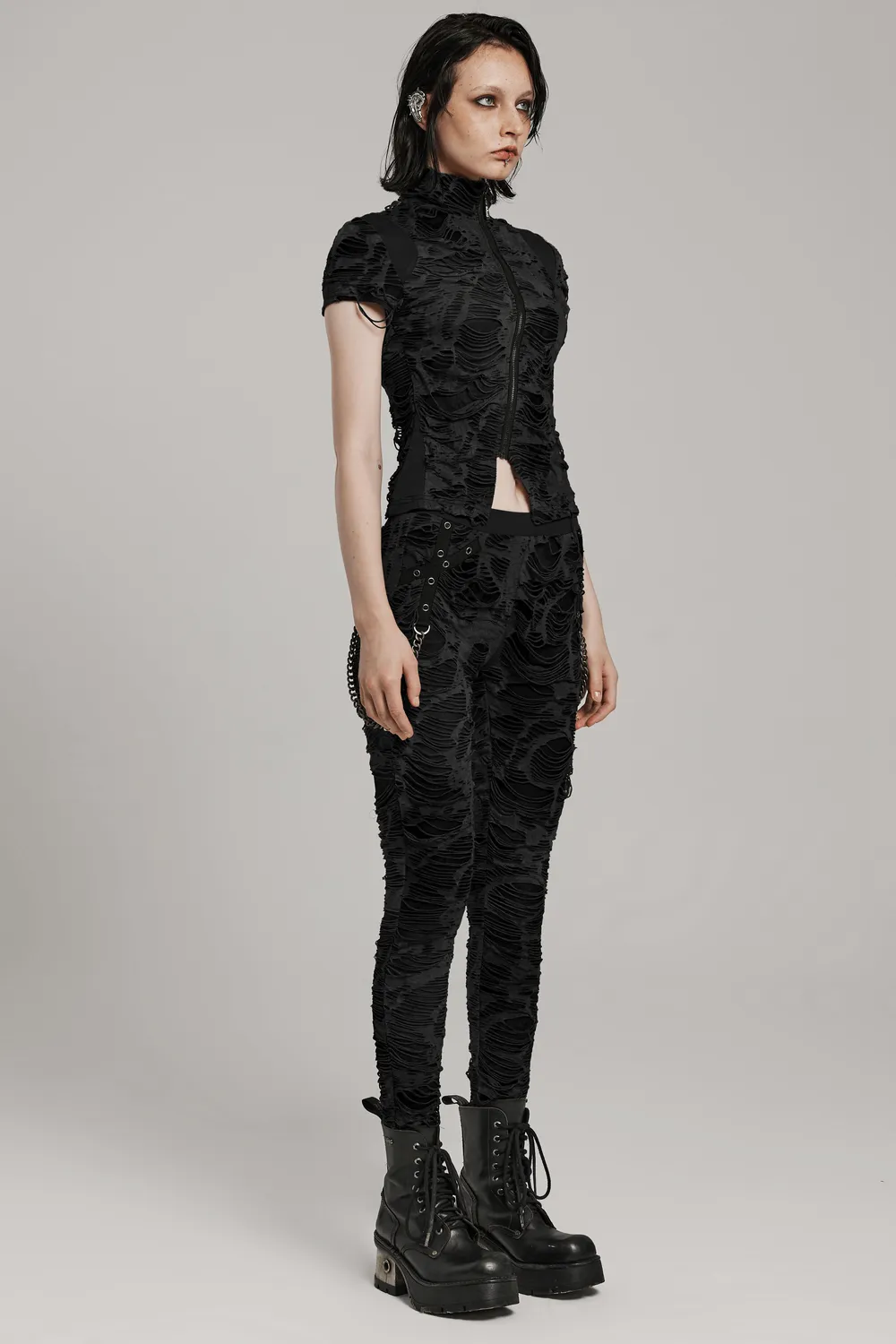 Edgy Women's Chain Detail Ripped Skinny Trousers