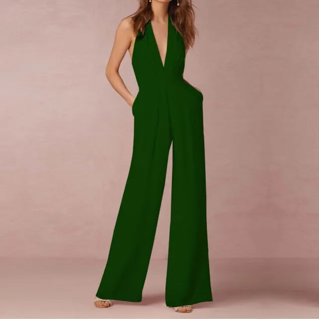 Female Jumpsuit Woman Summer Elegant Jumpsuits Sexy Halter Jumpsuits   Fashion Solid Color Loose Wide Leg Overalls for Women