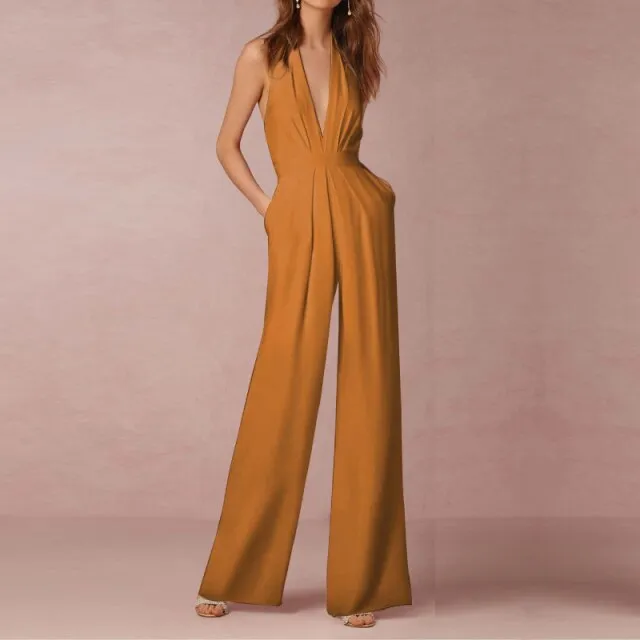 Female Jumpsuit Woman Summer Elegant Jumpsuits Sexy Halter Jumpsuits   Fashion Solid Color Loose Wide Leg Overalls for Women