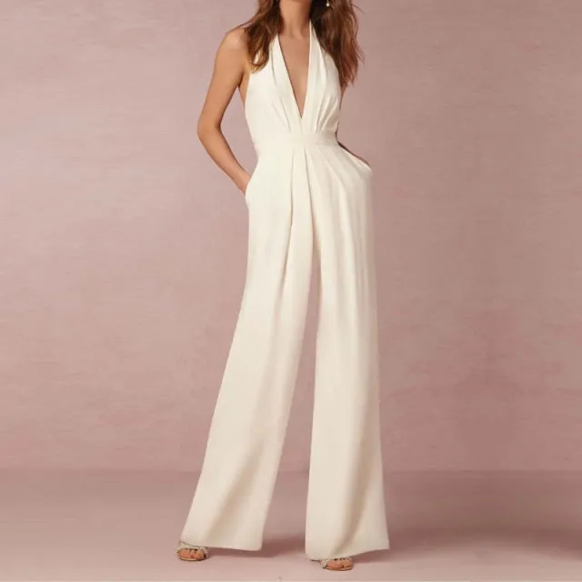 Female Jumpsuit Woman Summer Elegant Jumpsuits Sexy Halter Jumpsuits   Fashion Solid Color Loose Wide Leg Overalls for Women