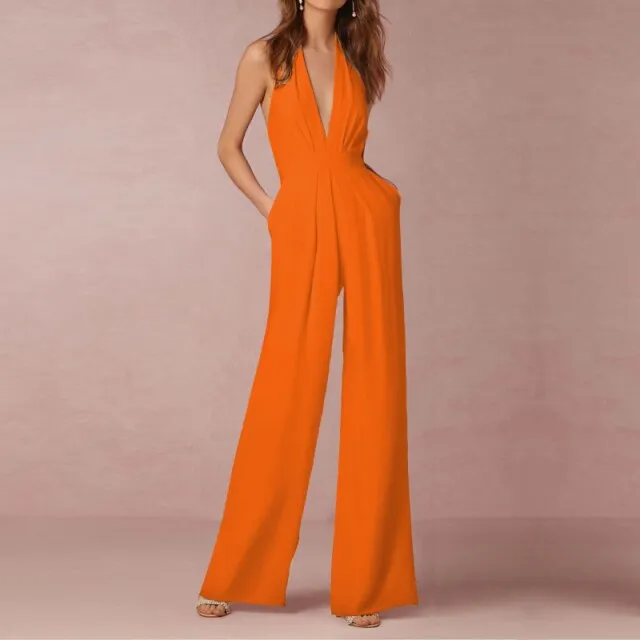 Female Jumpsuit Woman Summer Elegant Jumpsuits Sexy Halter Jumpsuits   Fashion Solid Color Loose Wide Leg Overalls for Women