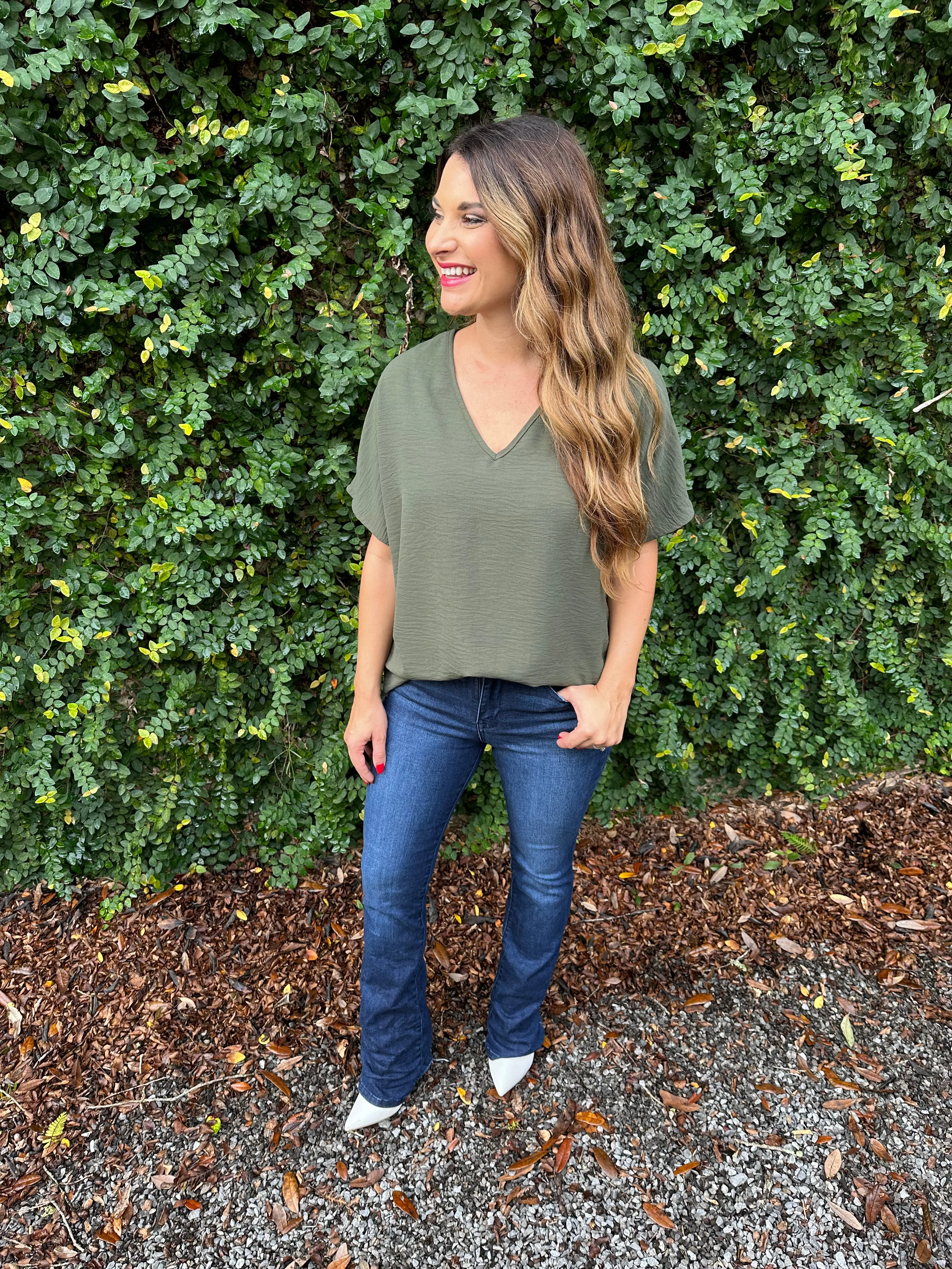 Flowy V Blouse- Olive