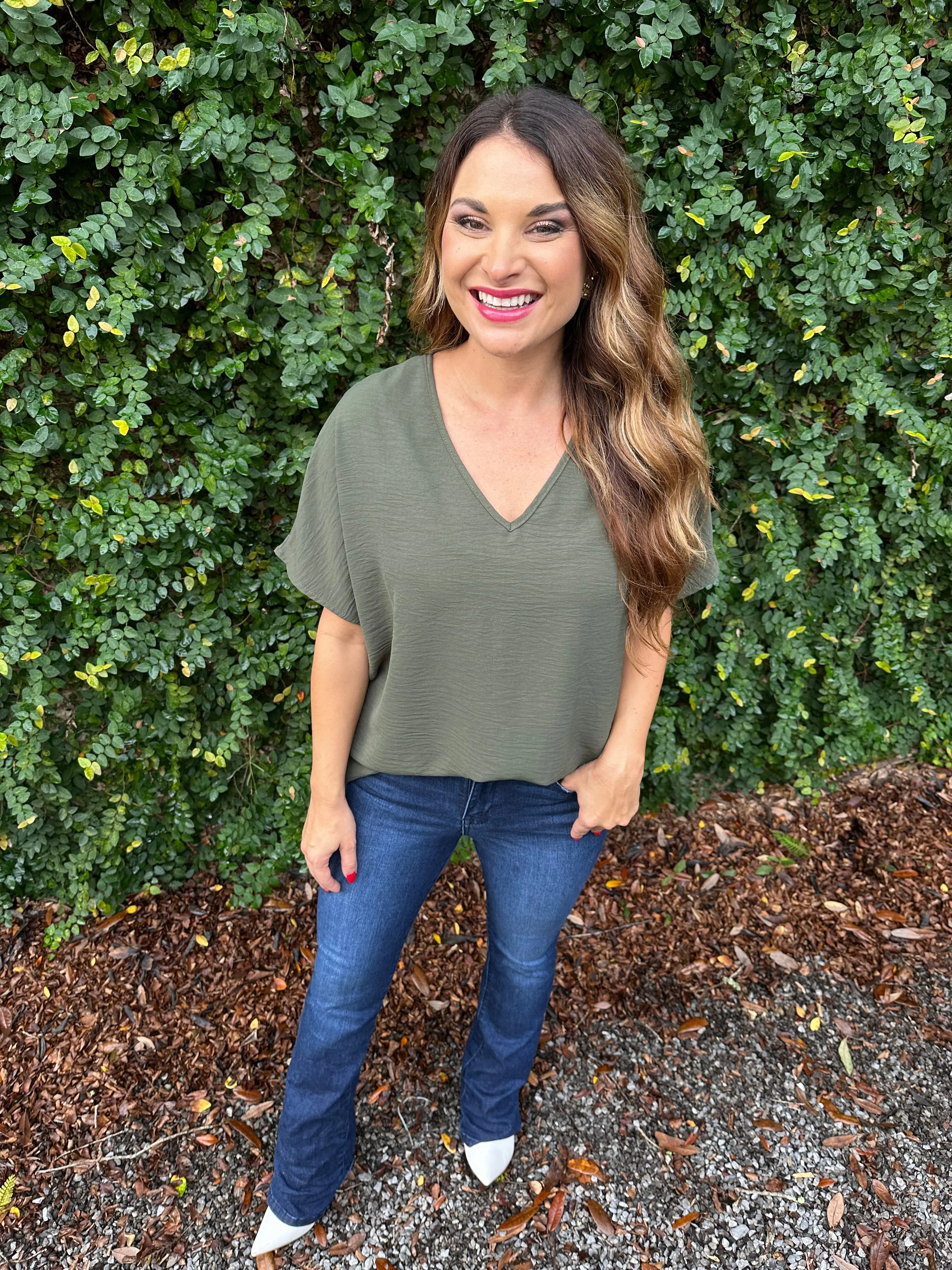 Flowy V Blouse- Olive