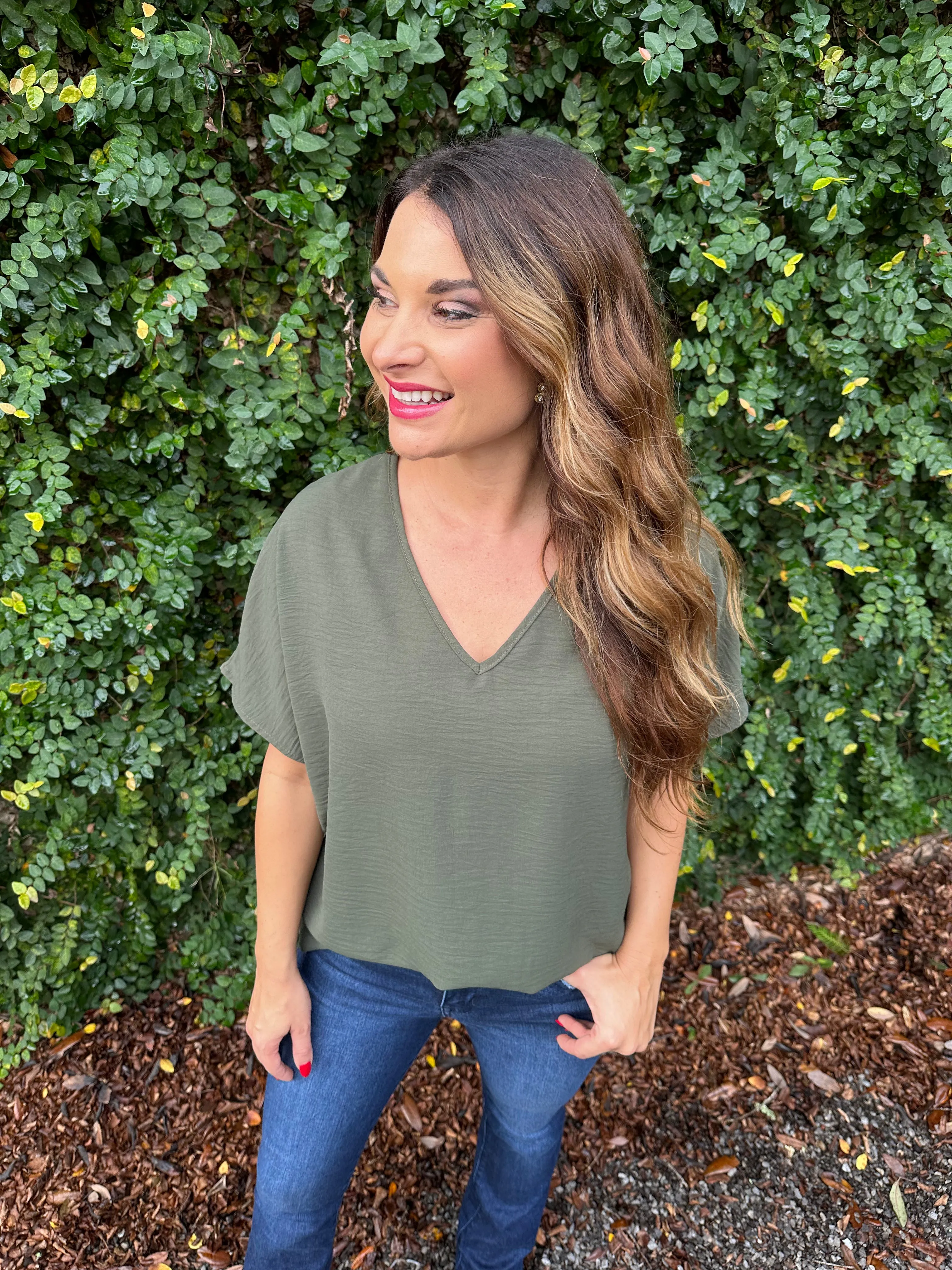 Flowy V Blouse- Olive