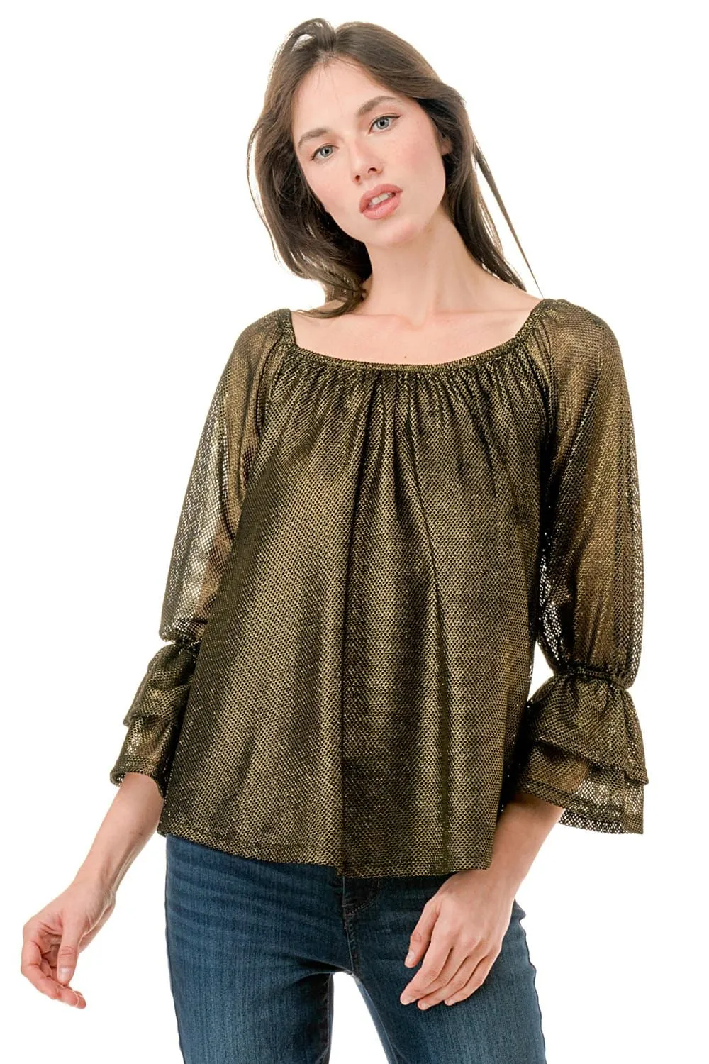 Frances Metallic Mesh Off The Shoulder Top