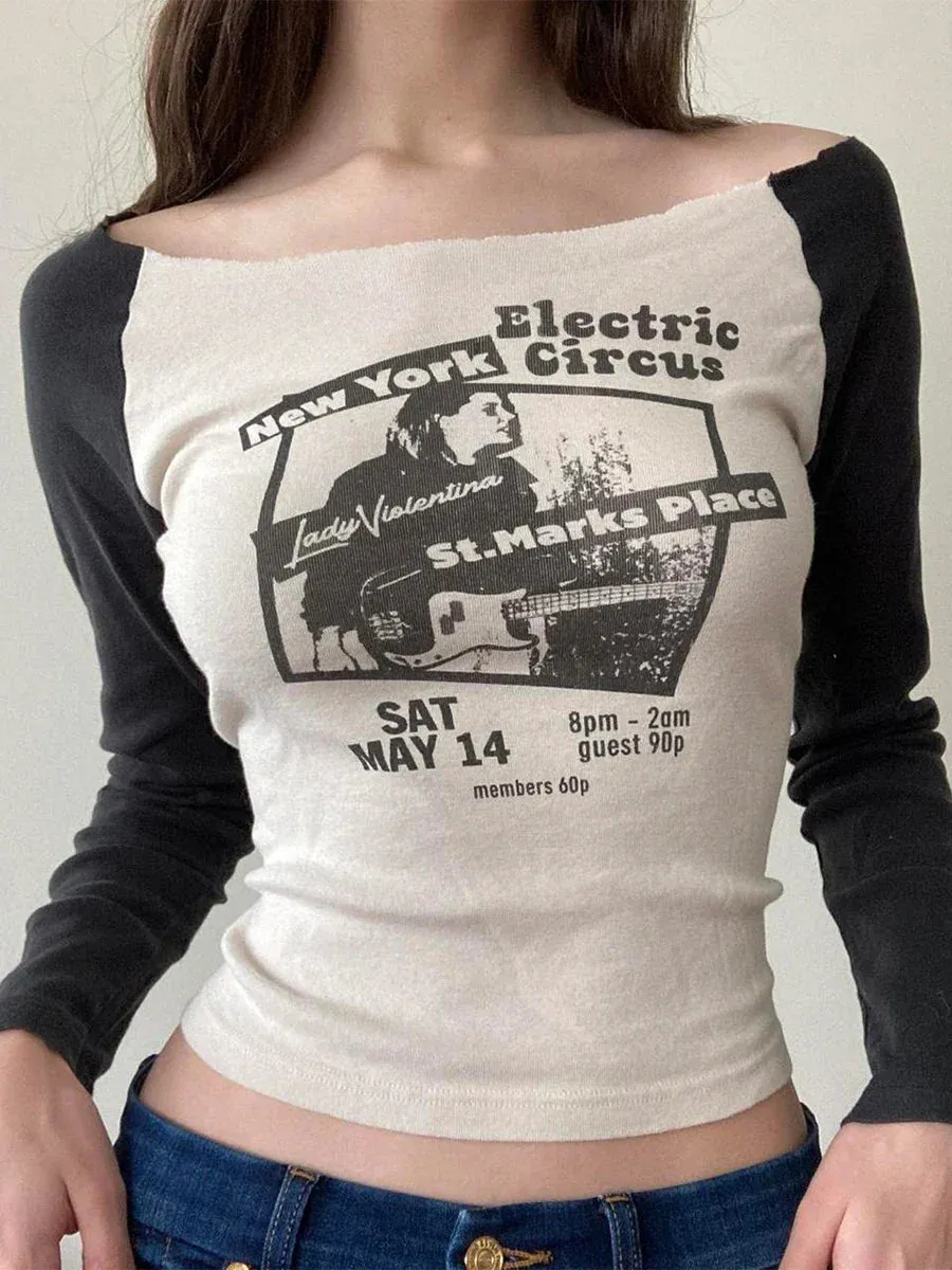 Graphic Print Off-shoulder Long Sleeve Slim Y2k Grunge Aesthetic Vintage T-shirt