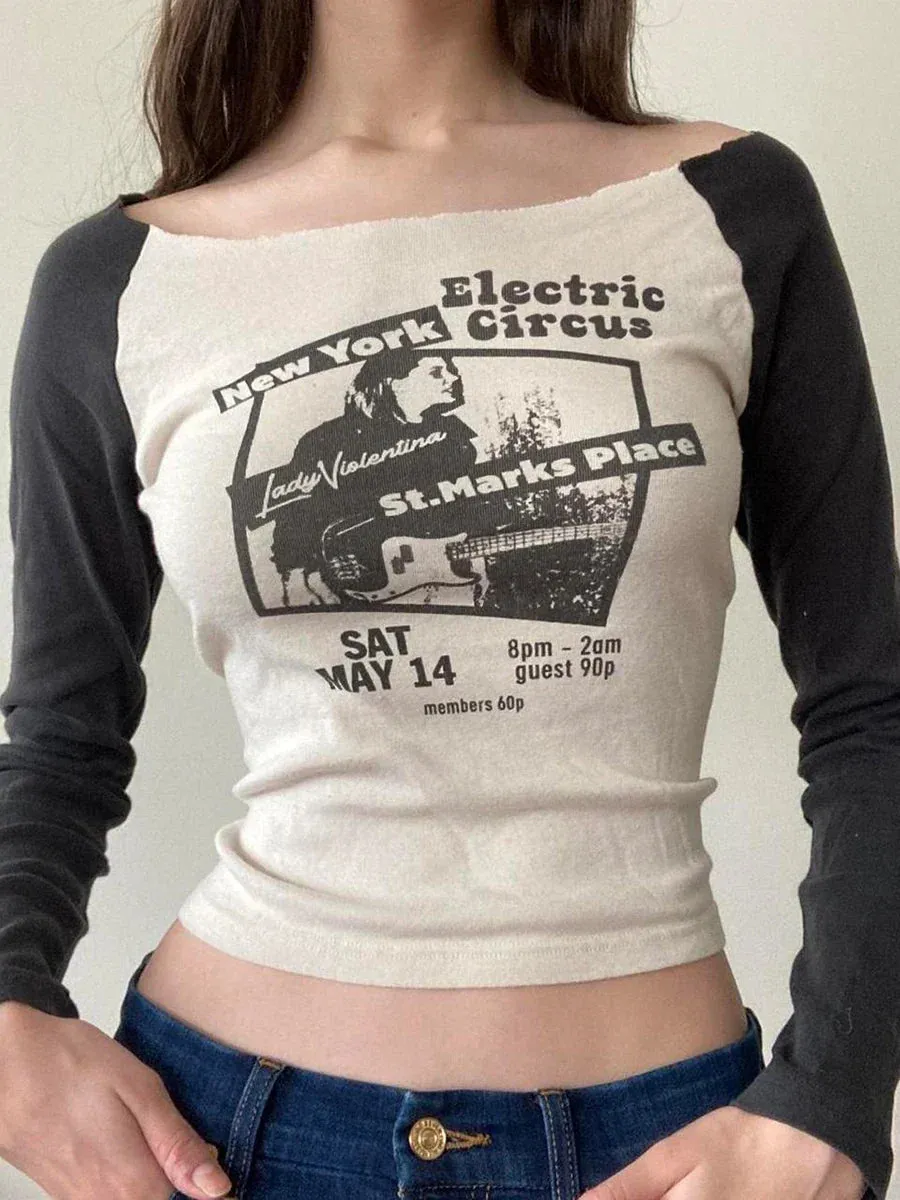 Graphic Print Off-shoulder Long Sleeve Slim Y2k Grunge Aesthetic Vintage T-shirt
