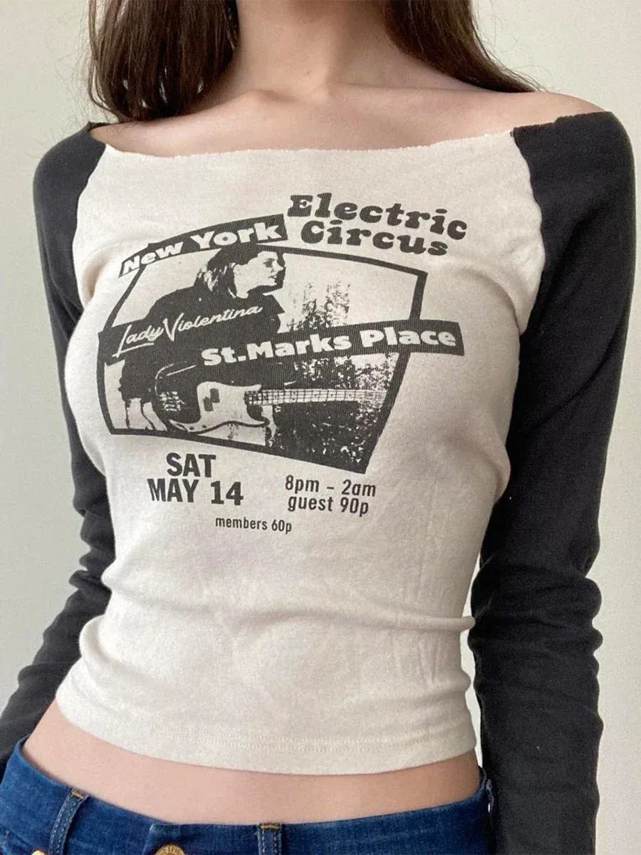 Graphic Print Off-shoulder Long Sleeve Slim Y2k Grunge Aesthetic Vintage T-shirt
