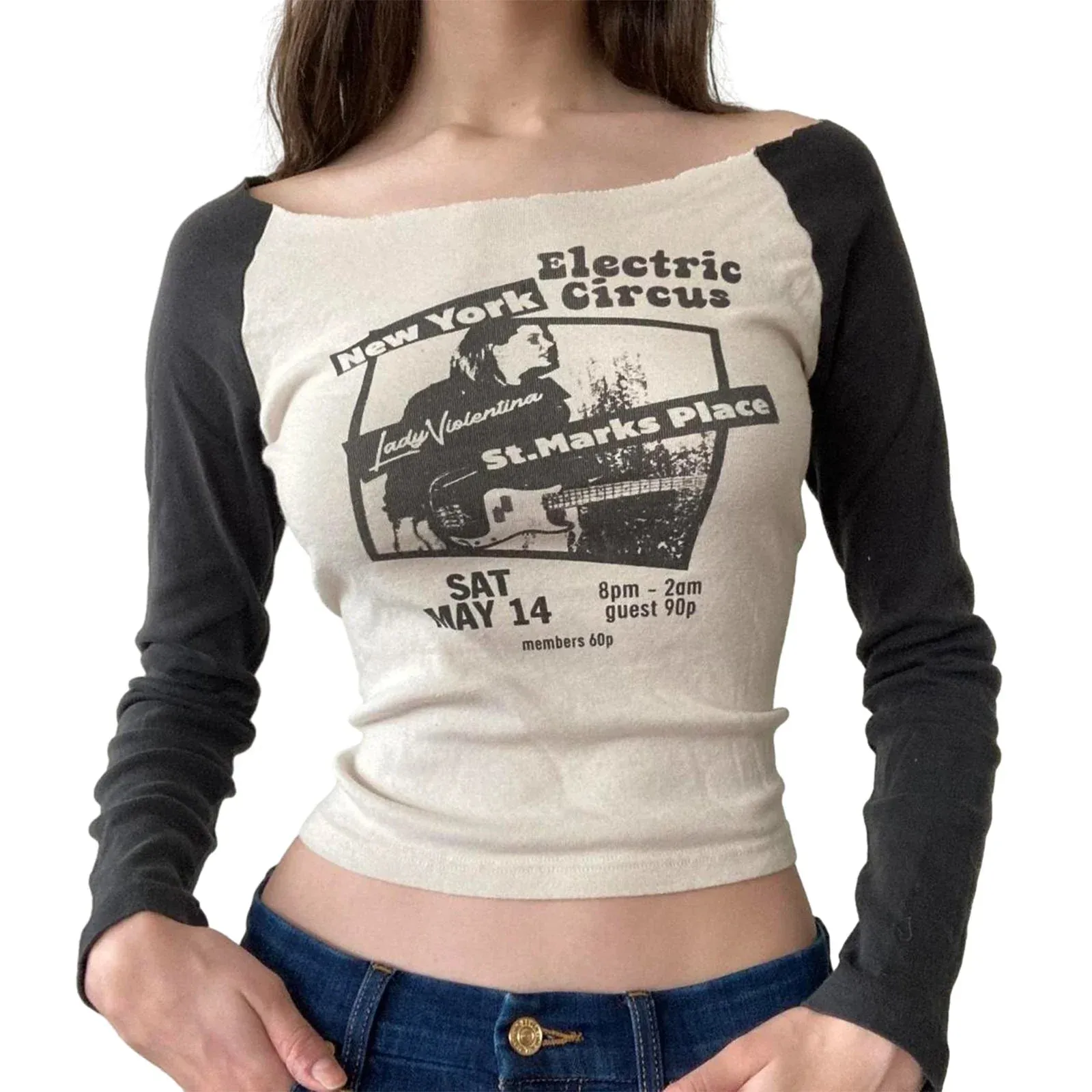 Graphic Print Off-shoulder Long Sleeve Slim Y2k Grunge Aesthetic Vintage T-shirt