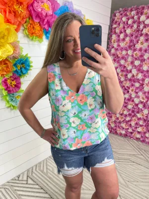 GREEN PASTEL FLORAL WOVEN V NECK TANK
