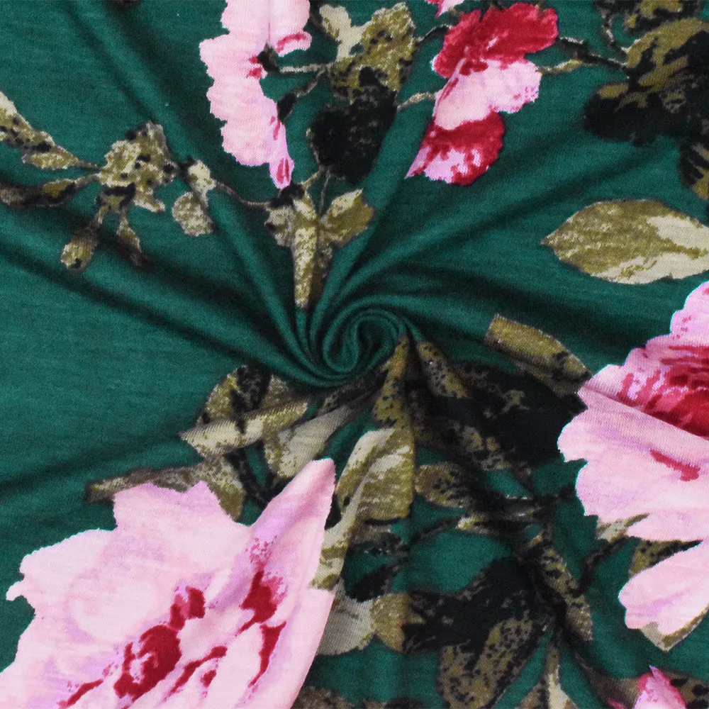 Green-Pink-Multi Floral Printed Stretch Rayon Spandex Jersey Knit Fabric