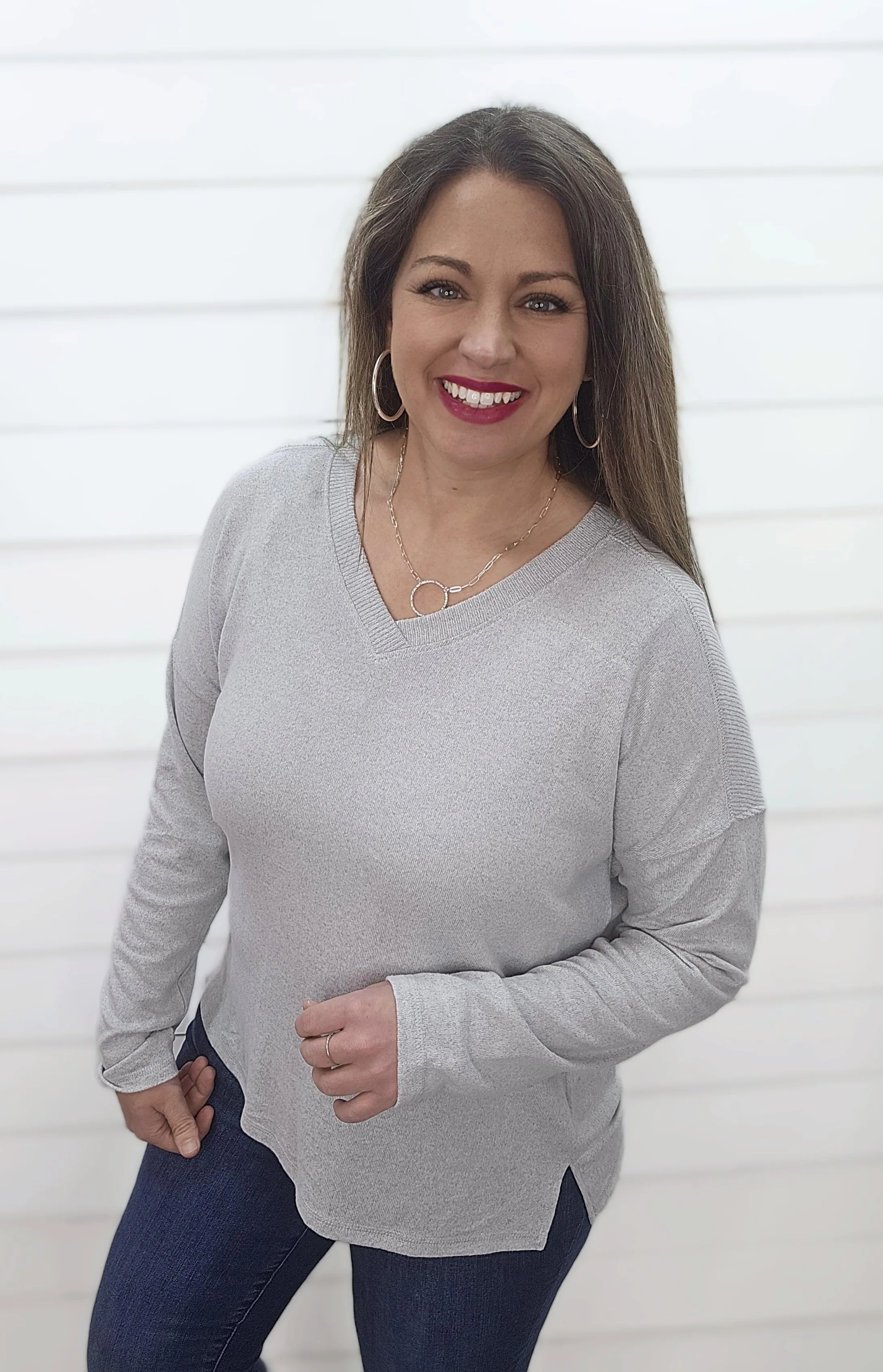 HEATHER GREY ULTRA SOFT V NECK LONG SLEEVE TOP