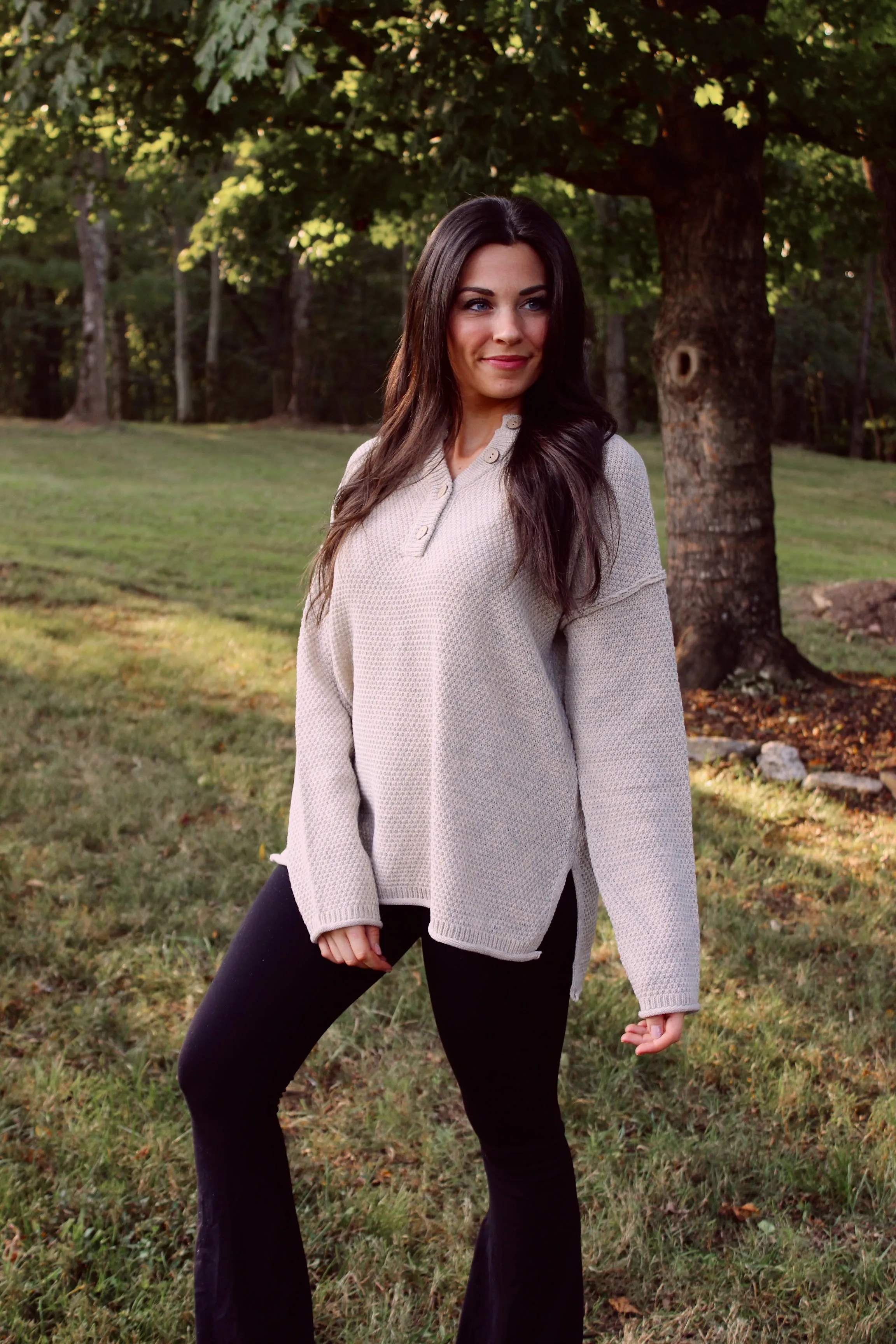Henley Button Up Sweater - Beige