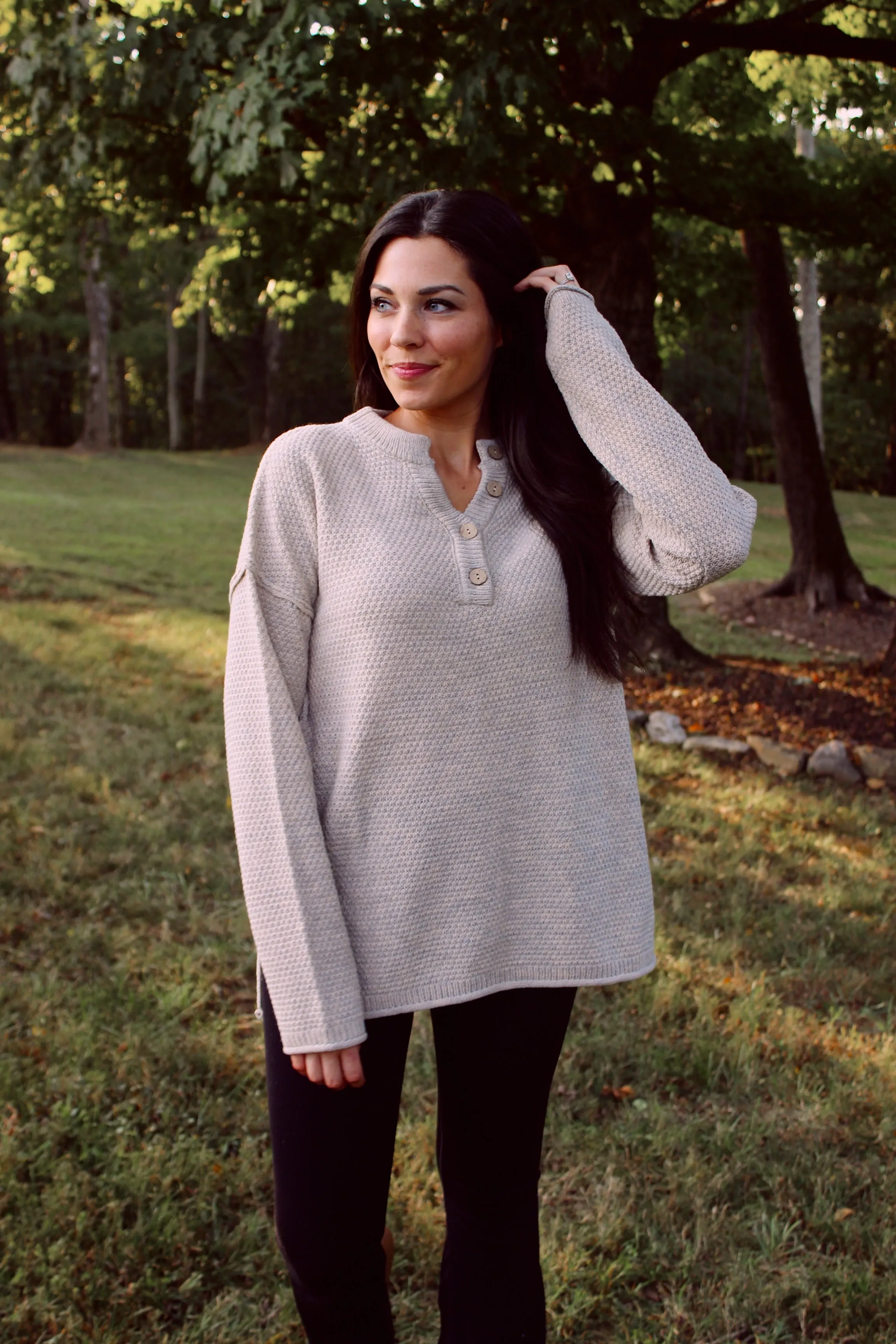 Henley Button Up Sweater - Beige