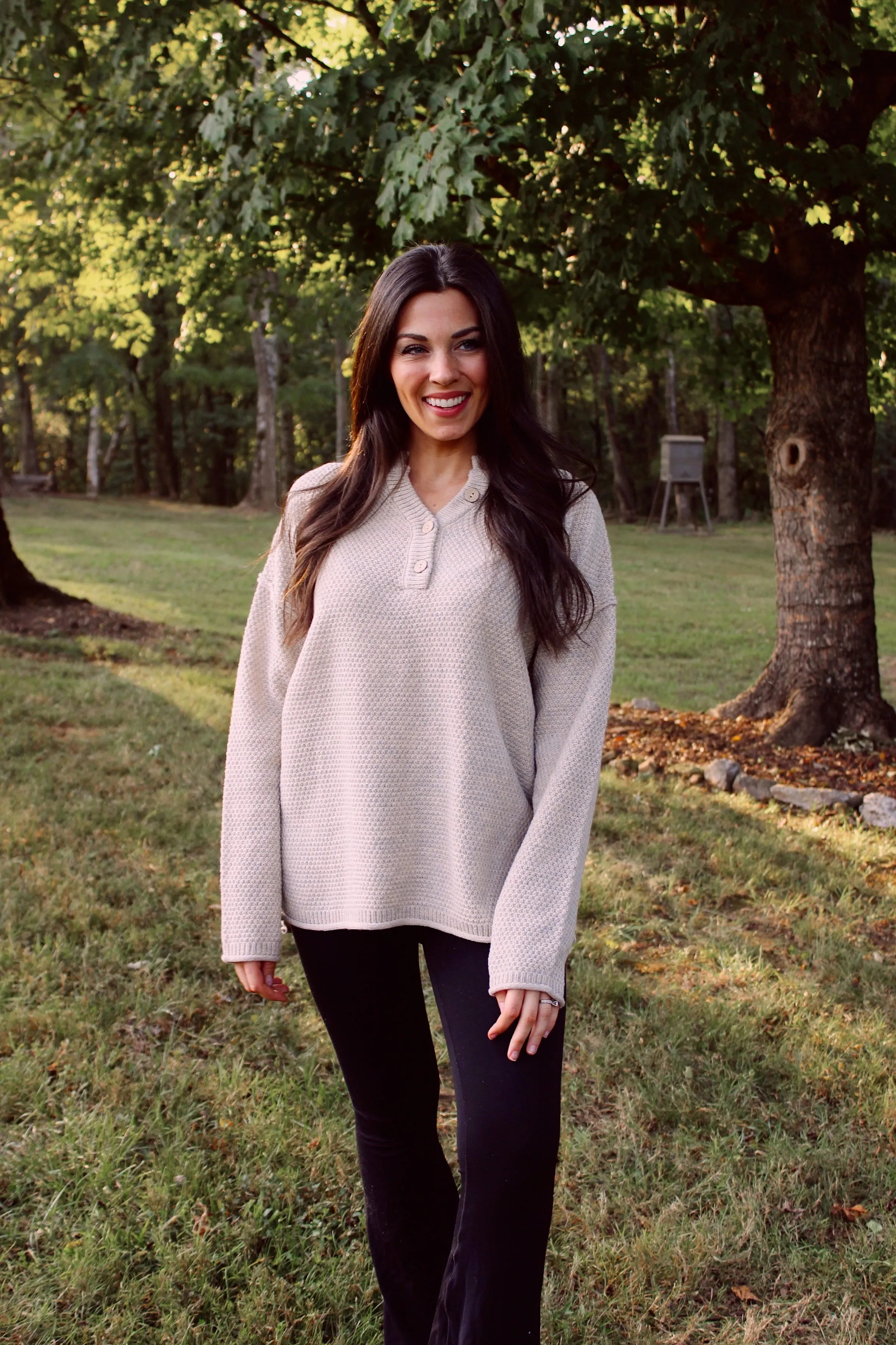 Henley Button Up Sweater - Beige