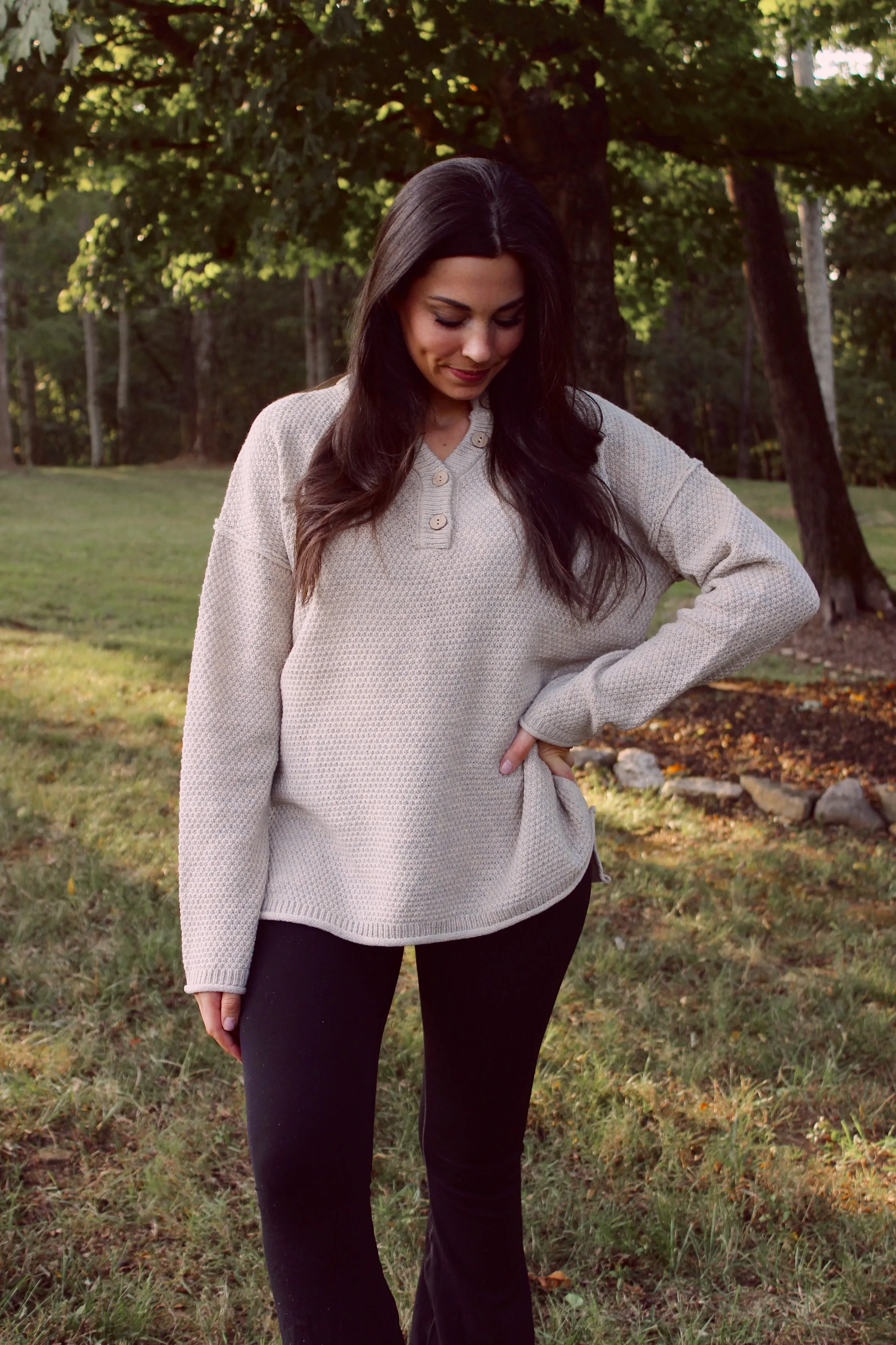 Henley Button Up Sweater - Beige