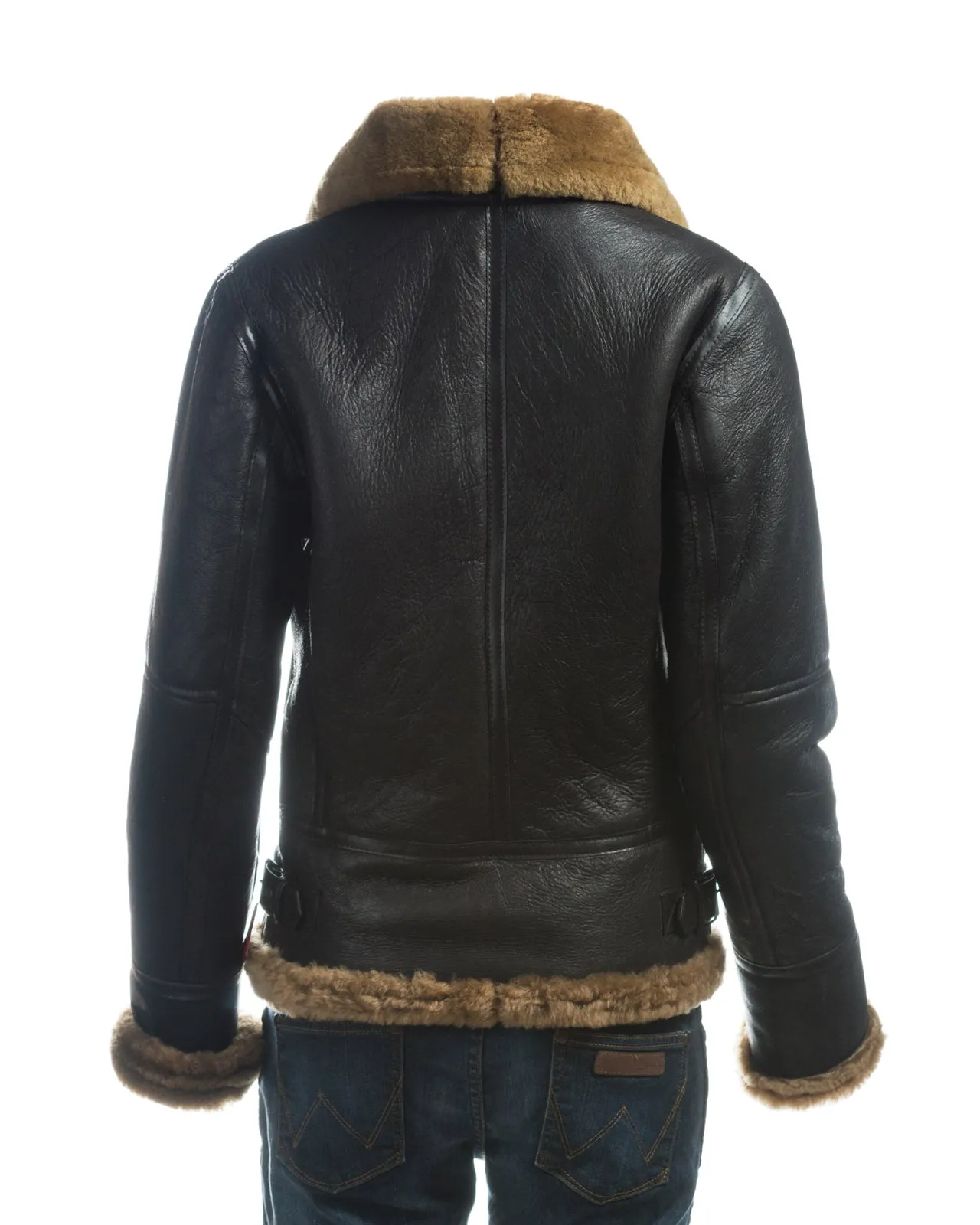 Ladies Brown and Ginger Straight Zip Sheepskin Flight Jacket With Detachable Hood - Torvi