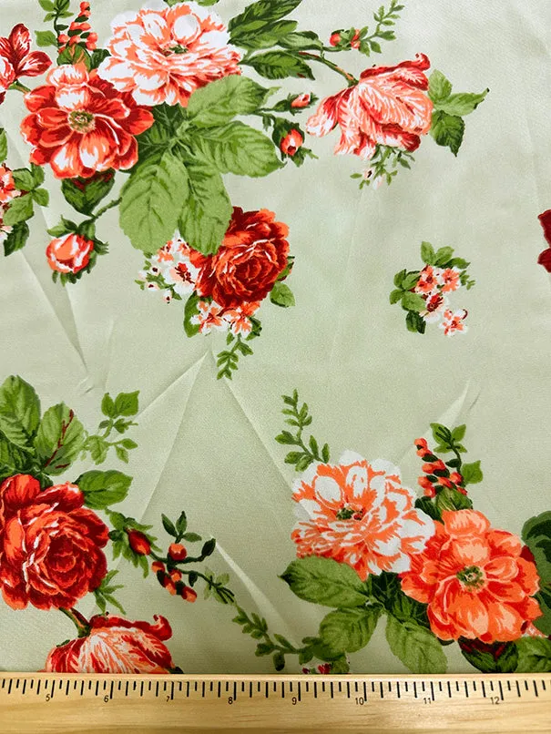 Light Green Floral Print Poly Charmeuse Satin Fabric