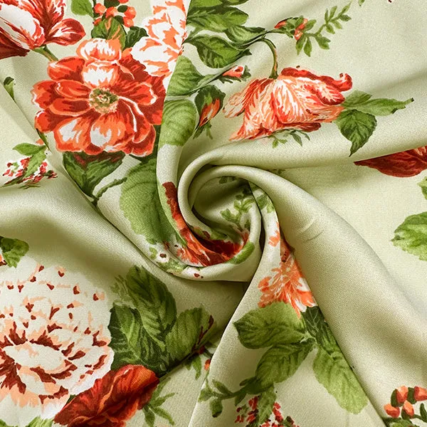 Light Green Floral Print Poly Charmeuse Satin Fabric