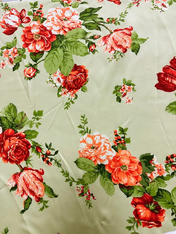 Light Green Floral Print Poly Charmeuse Satin Fabric
