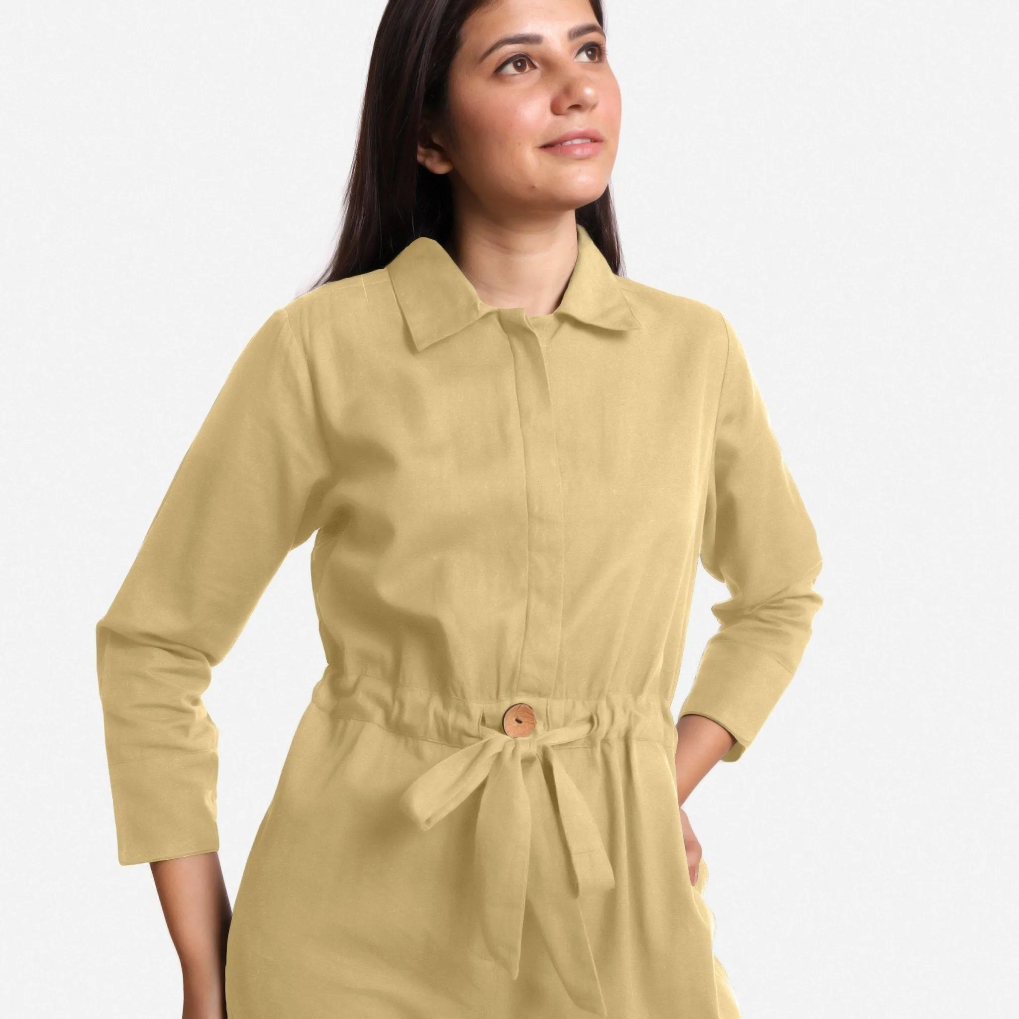 Light Khaki Flat Collar Cotton Flax Elasticated Wide Legged Overall