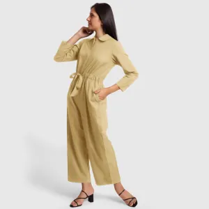 Light Khaki Flat Collar Cotton Flax Elasticated Wide Legged Overall