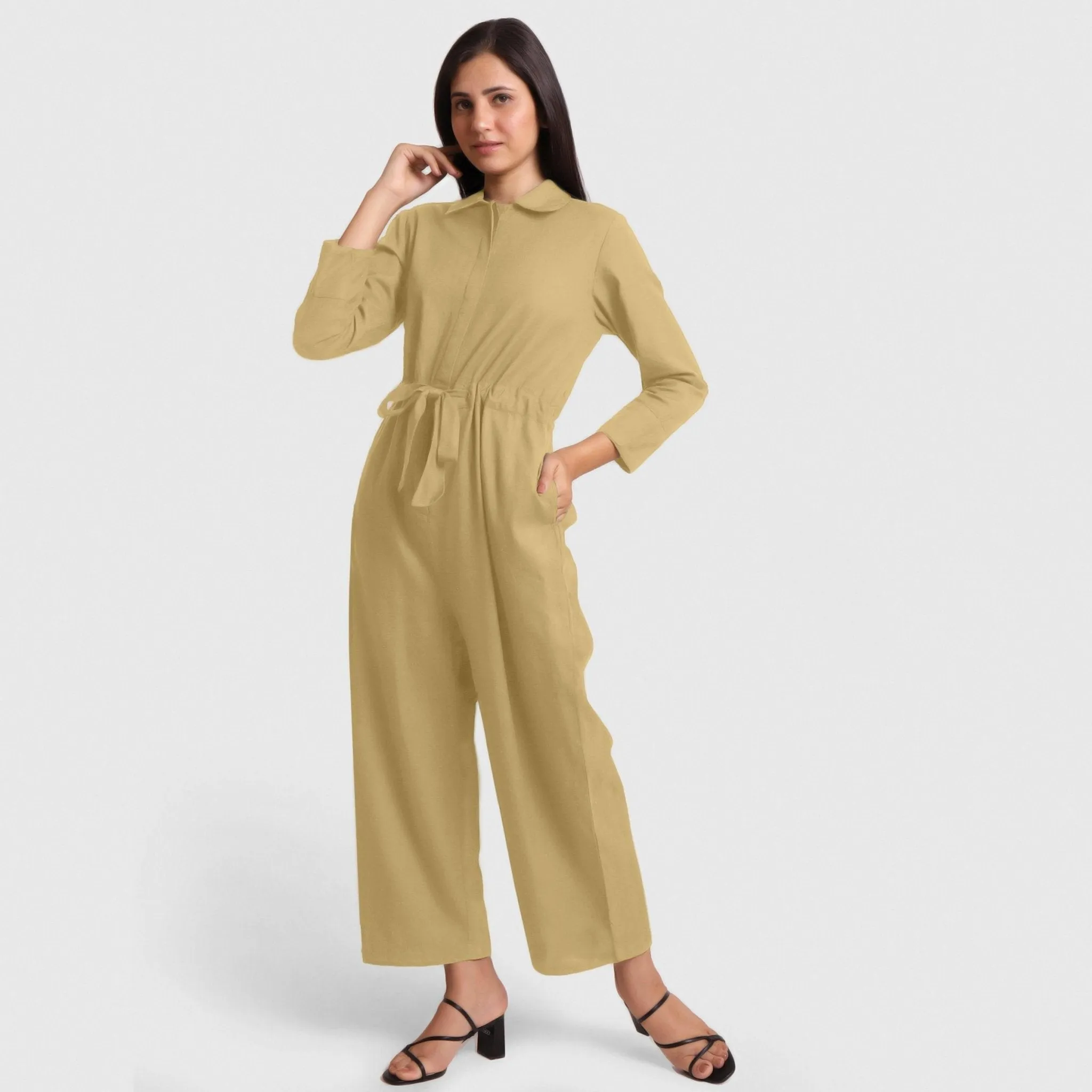Light Khaki Flat Collar Cotton Flax Elasticated Wide Legged Overall