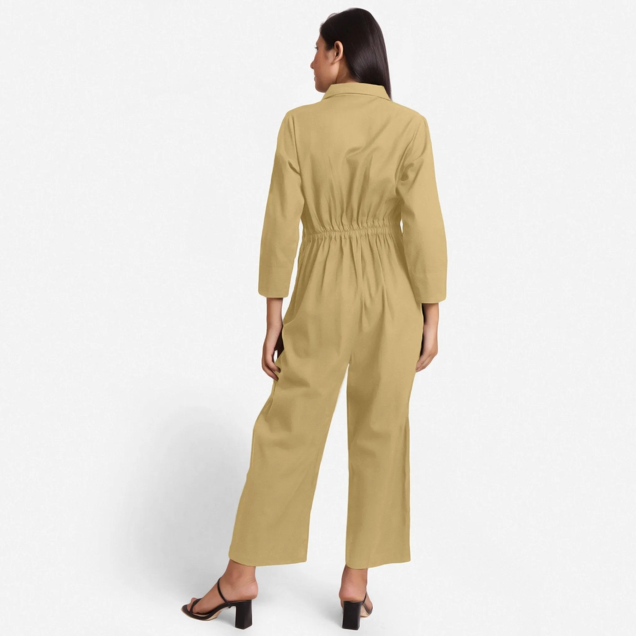 Light Khaki Flat Collar Cotton Flax Elasticated Wide Legged Overall