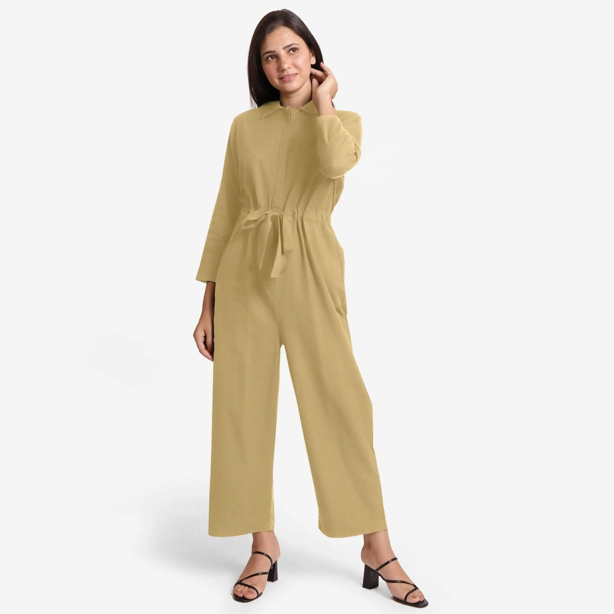 Light Khaki Flat Collar Cotton Flax Elasticated Wide Legged Overall