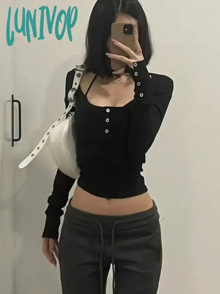 Lunivop  Y2k Aesthetic Vintage Single Breasted T-Shirts 2024 Streetwear Knitted Women Tshirts Harajuku Slim Fit Solid Tee Shirts Femme