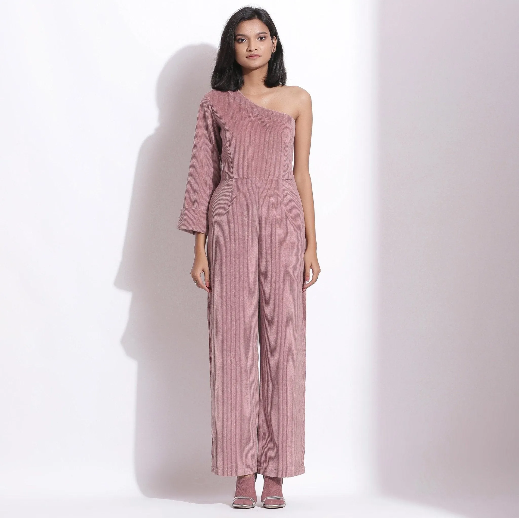 Mauve Warm Cotton Corduroy Ankle Length One-Shoulder Jumpsuit