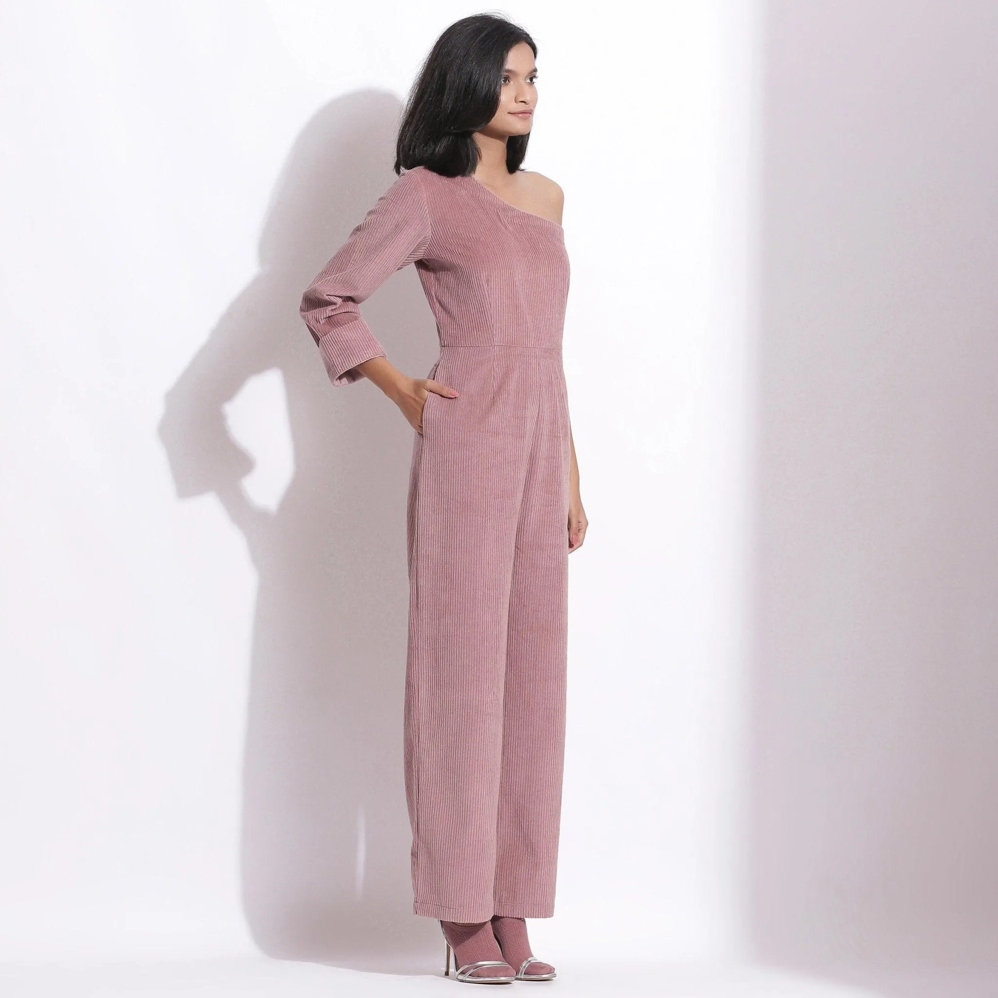 Mauve Warm Cotton Corduroy Ankle Length One-Shoulder Jumpsuit