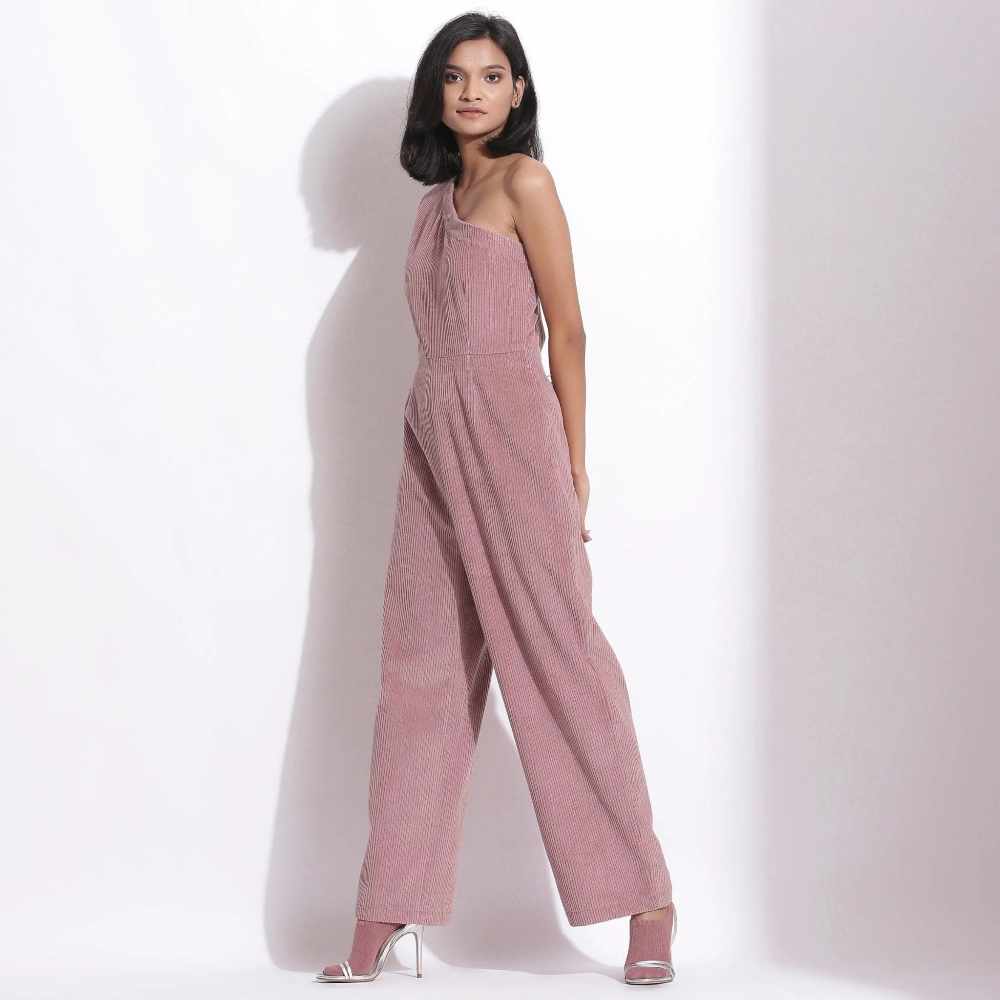 Mauve Warm Cotton Corduroy Ankle Length One-Shoulder Jumpsuit