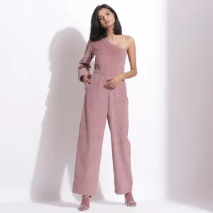 Mauve Warm Cotton Corduroy Ankle Length One-Shoulder Jumpsuit