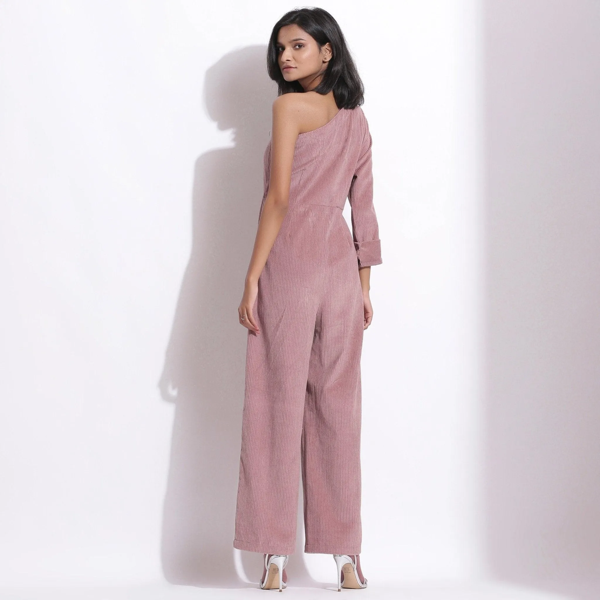 Mauve Warm Cotton Corduroy Ankle Length One-Shoulder Jumpsuit