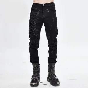 Men's Black Lace Up Slim Fit Pencil Pants