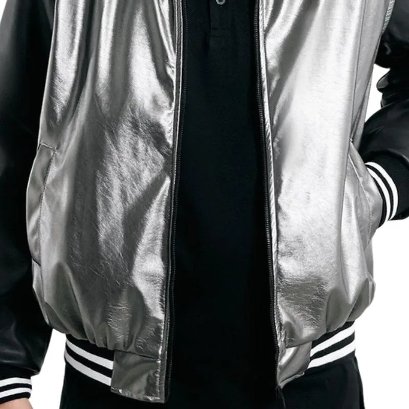 Men's Stylish Silver Leather Patchwork Baseball Jacket 12273739F
