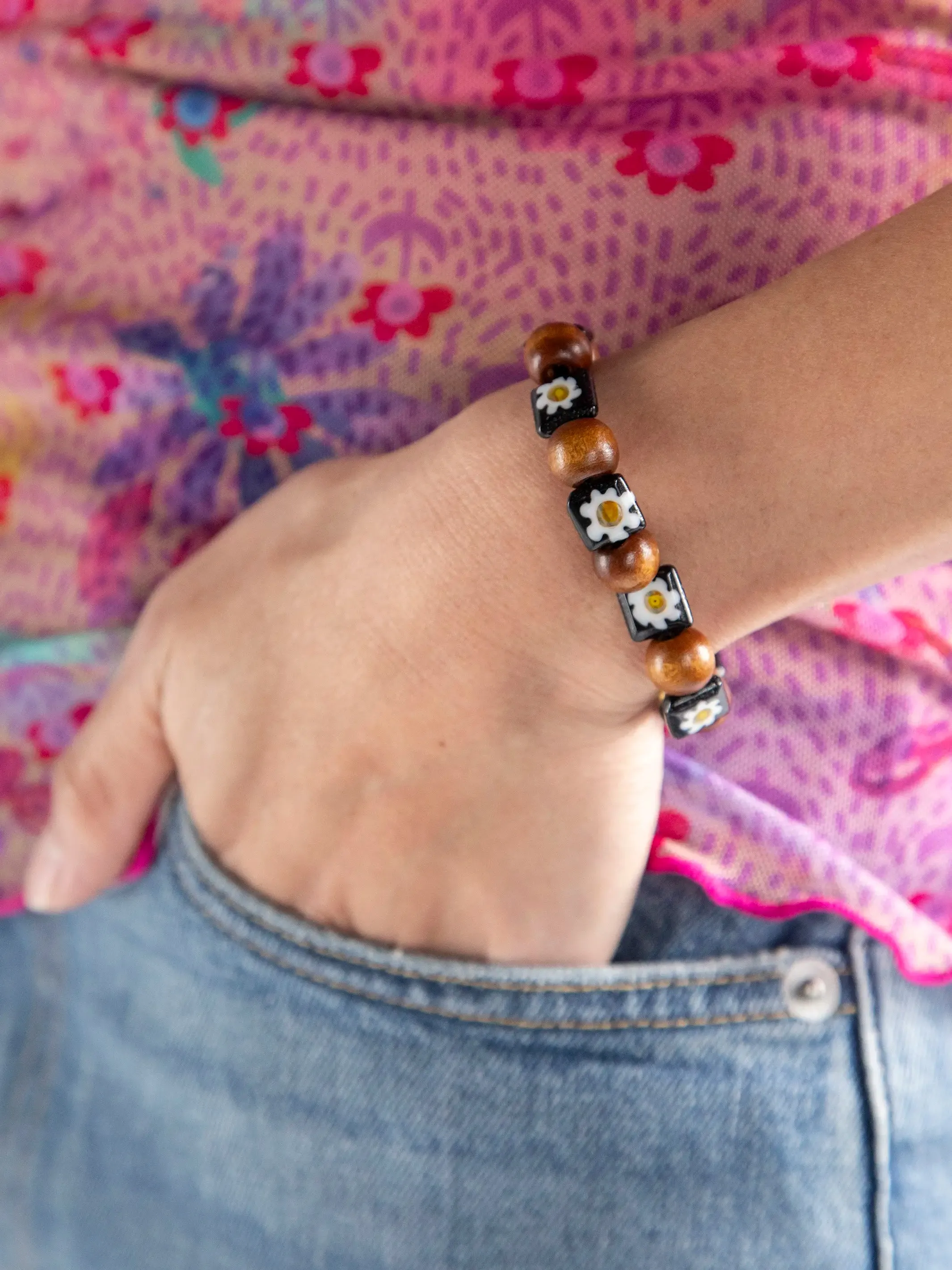 Millefiori & Wood Beaded Bracelet - Black