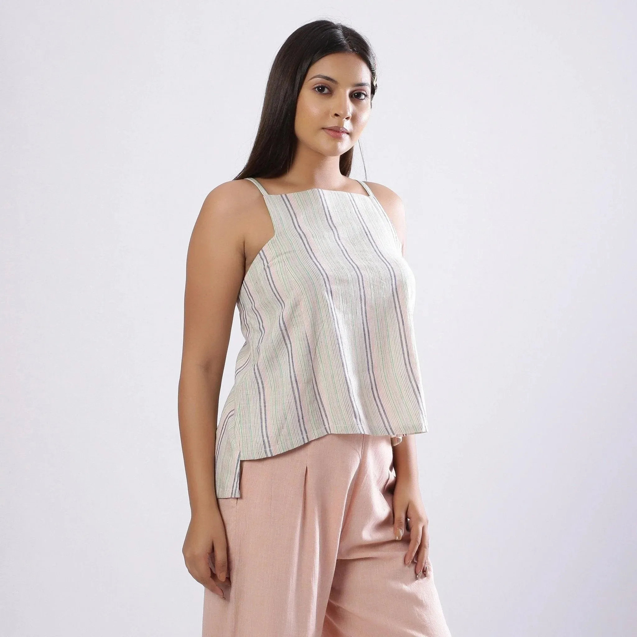 Multicolor Striped Handspun Cotton Paneled Strap Sleeve Top