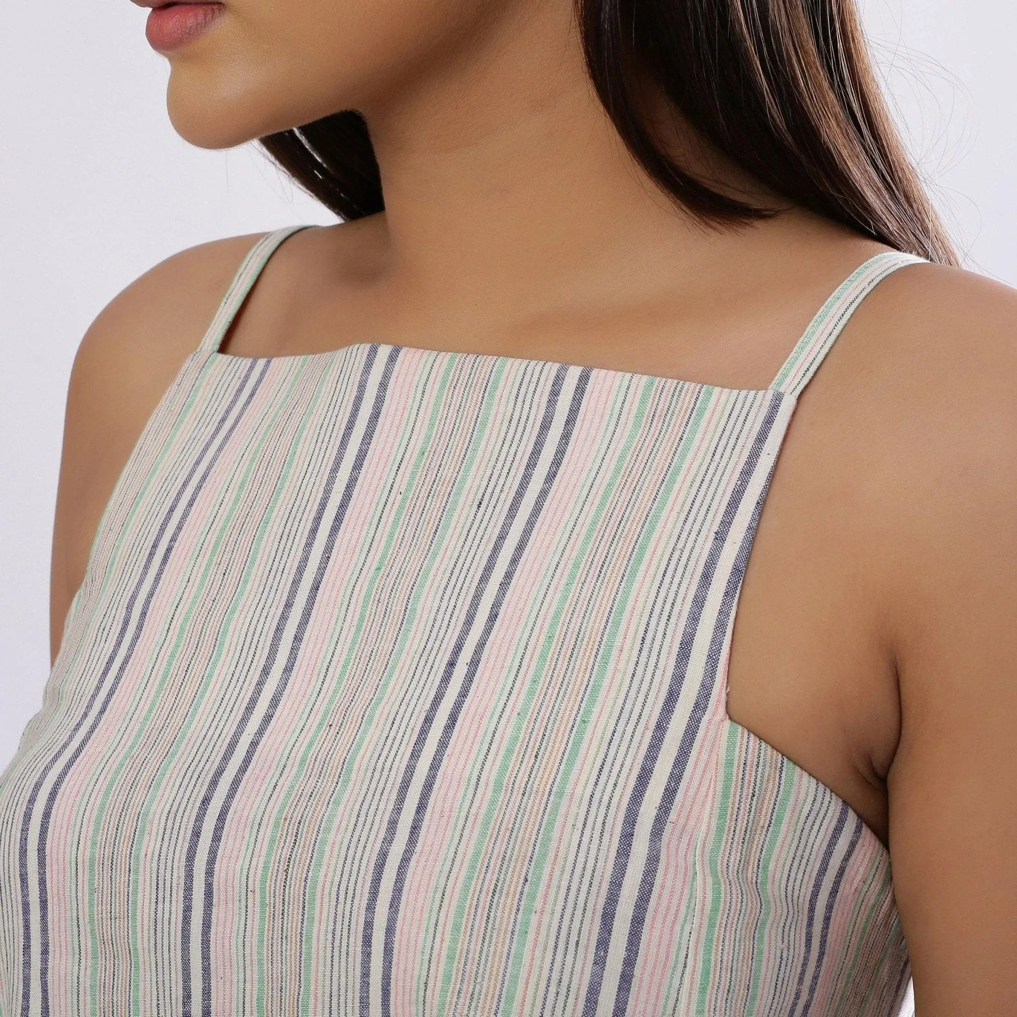 Multicolor Striped Handspun Cotton Paneled Strap Sleeve Top