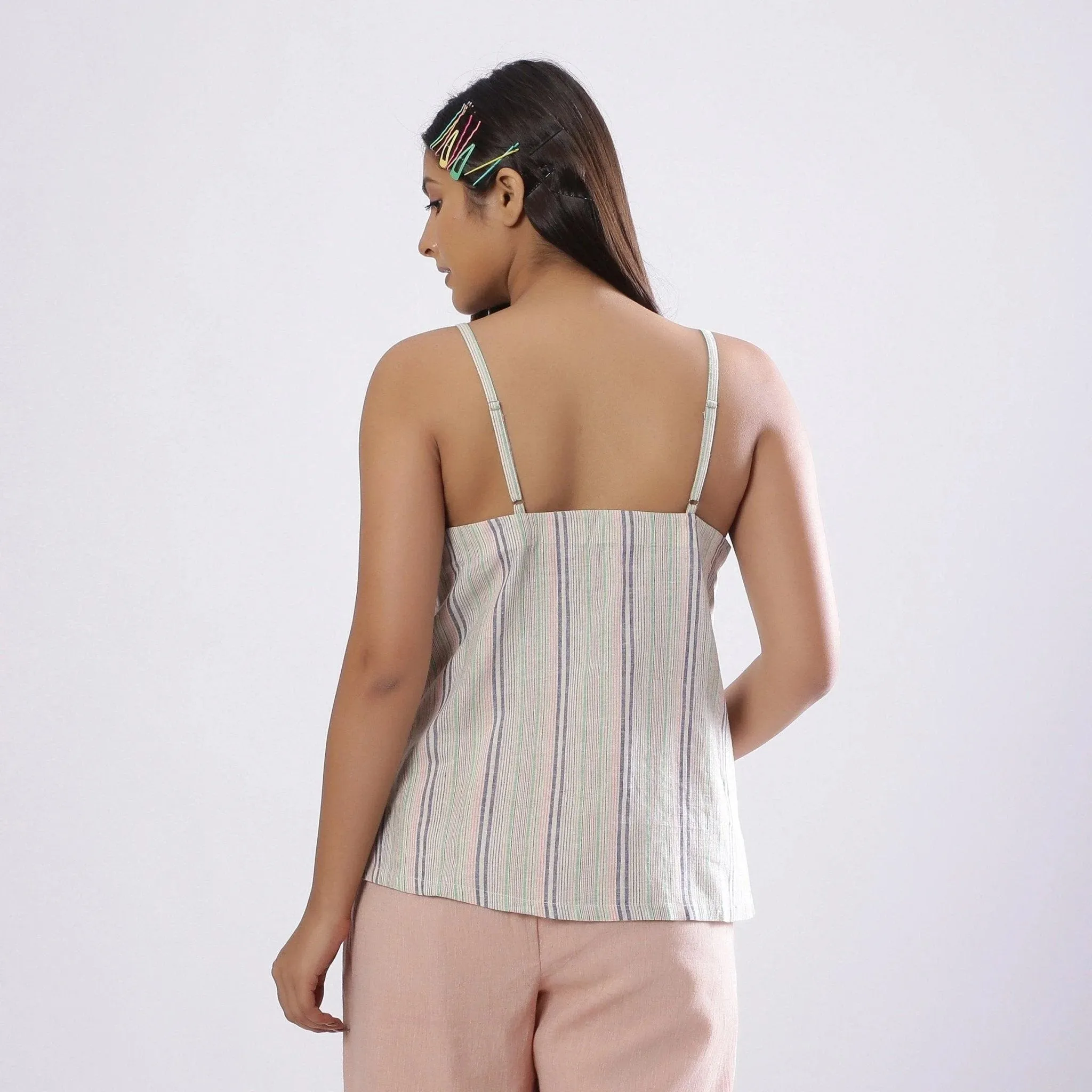 Multicolor Striped Handspun Cotton Paneled Strap Sleeve Top