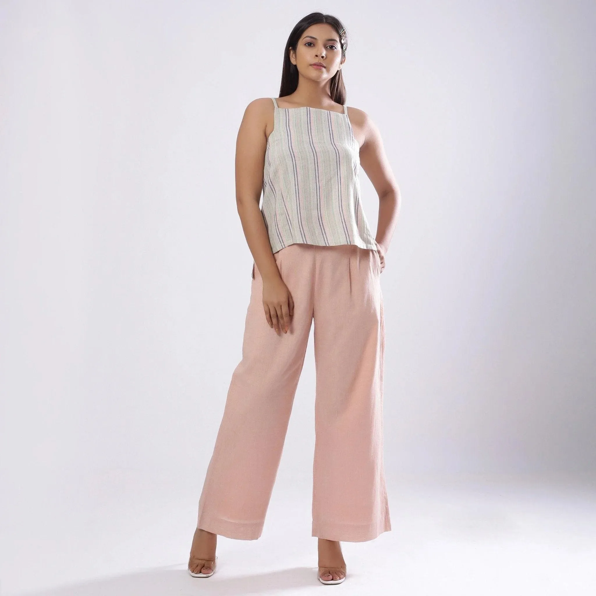 Multicolor Striped Handspun Cotton Paneled Strap Sleeve Top