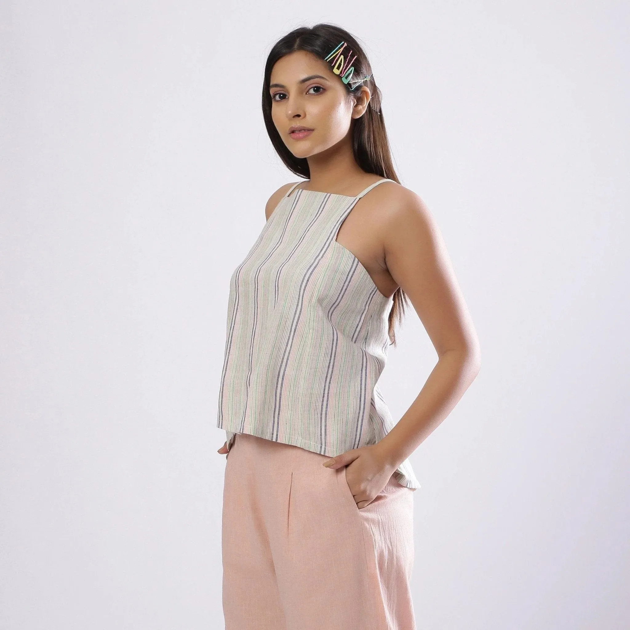 Multicolor Striped Handspun Cotton Paneled Strap Sleeve Top