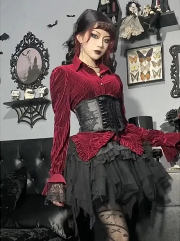 Nukty Aesthetic Gothic Red Velvet Shirts Women Streetwear Fairy Grunge Long Sleeve Lace Patchwork Blouse Emo Alt Rave Outfits