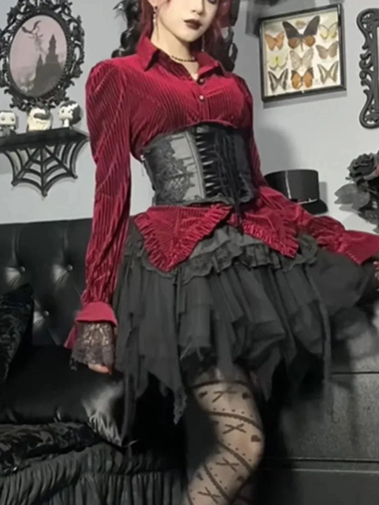 Nukty Aesthetic Gothic Red Velvet Shirts Women Streetwear Fairy Grunge Long Sleeve Lace Patchwork Blouse Emo Alt Rave Outfits