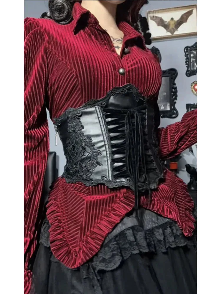 Nukty Aesthetic Gothic Red Velvet Shirts Women Streetwear Fairy Grunge Long Sleeve Lace Patchwork Blouse Emo Alt Rave Outfits