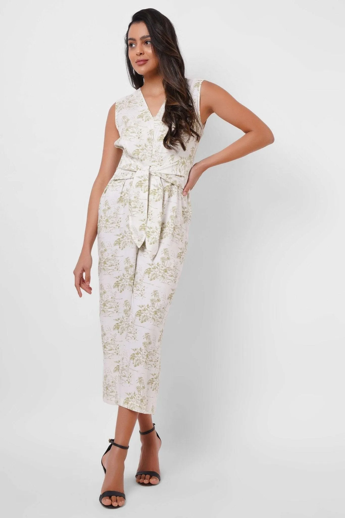 Printed White Jumpsuit with Waist Knot