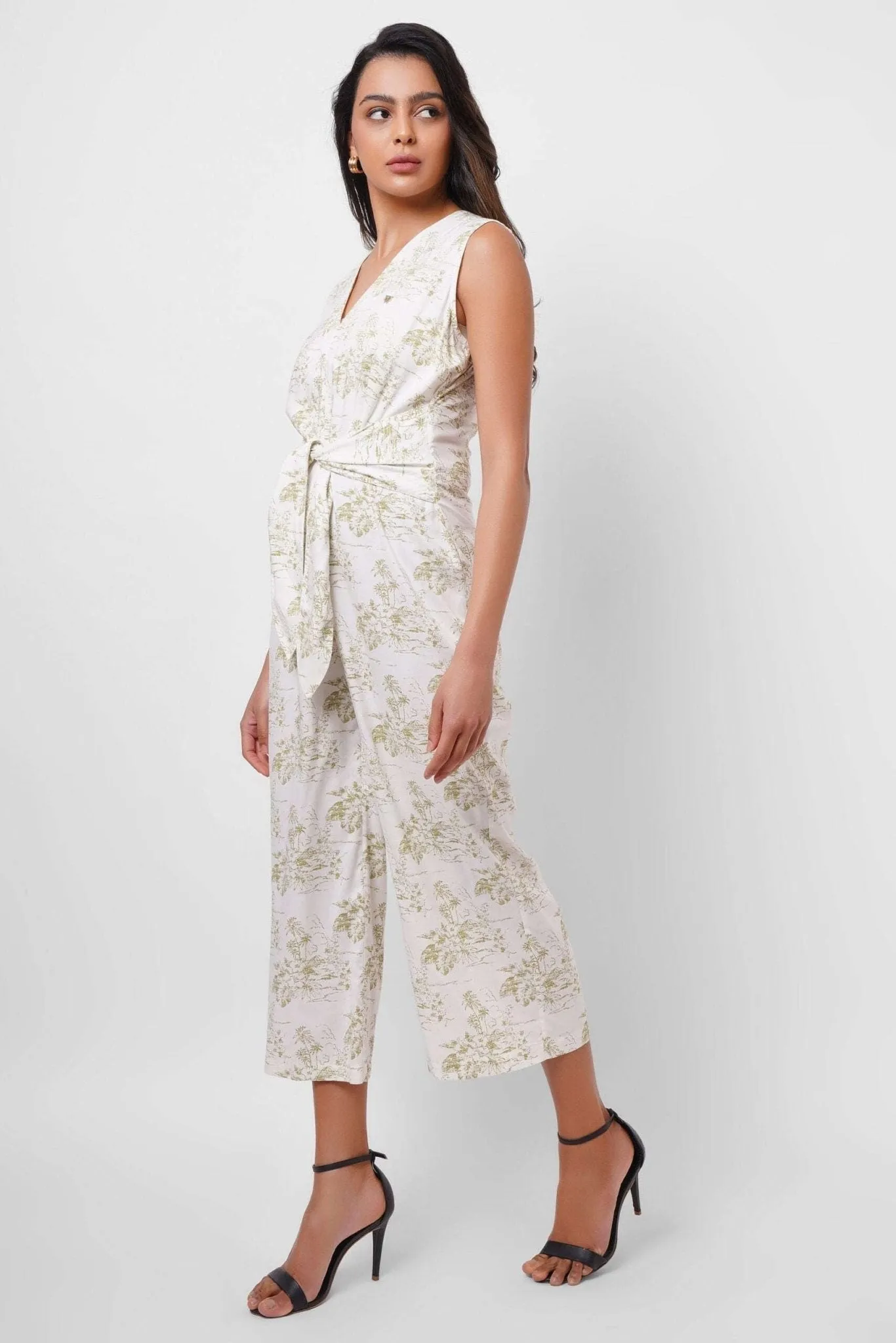Printed White Jumpsuit with Waist Knot